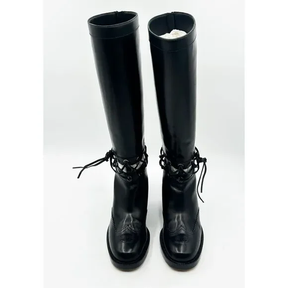 Chanel Knee High Boots Cap Toe Black Leather Lace Up Cutout - Picture 6 of 16
